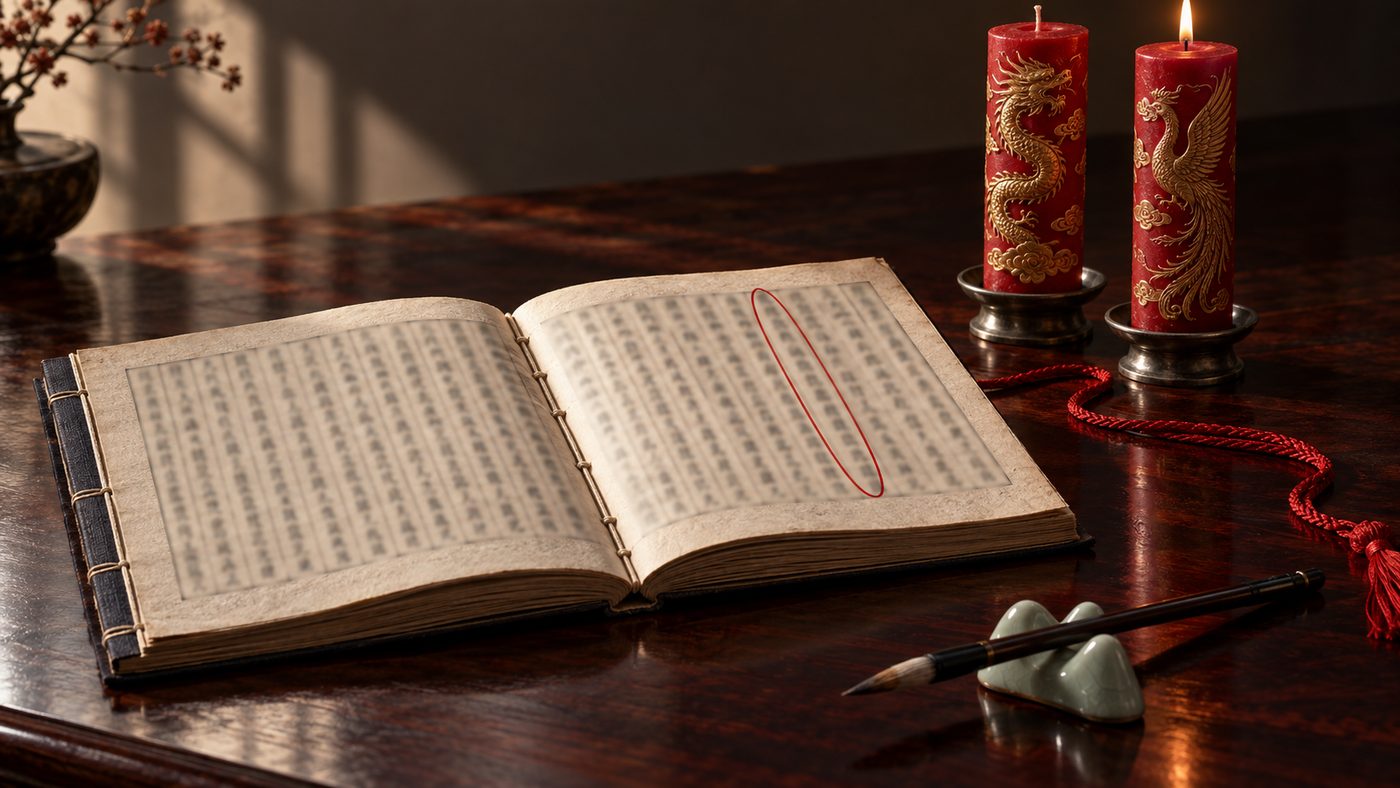 A thread-bound Chinese almanac open on a dark rosewood table, one column of its dense blurred print ringed in red ink, beside a pair of red dragon-and-phoenix wedding candles, a red silk cord and a brush on a celadon rest.