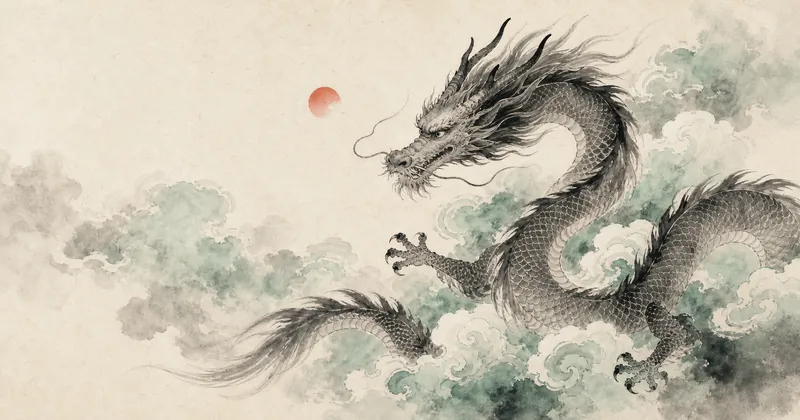 An ink-wash painting of a Chinese dragon coiling through clouds, in the sumi-e style.