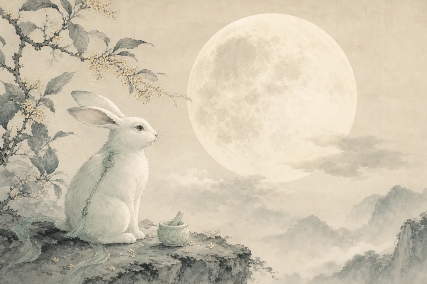 An ink-wash painting of the Jade Rabbit pounding the elixir beneath a full Mid-Autumn moon