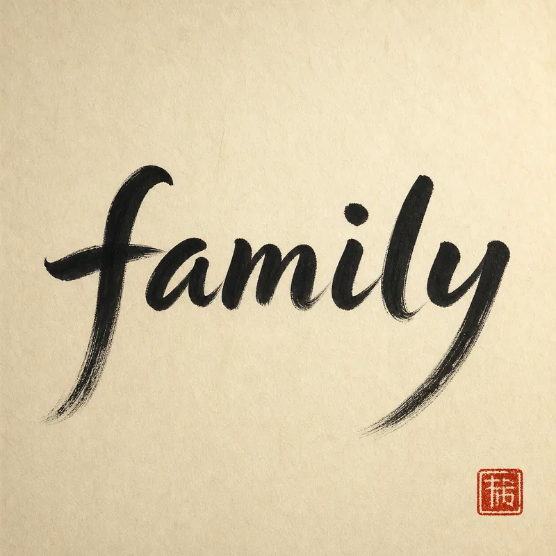 Family (家) — the English word in black ink