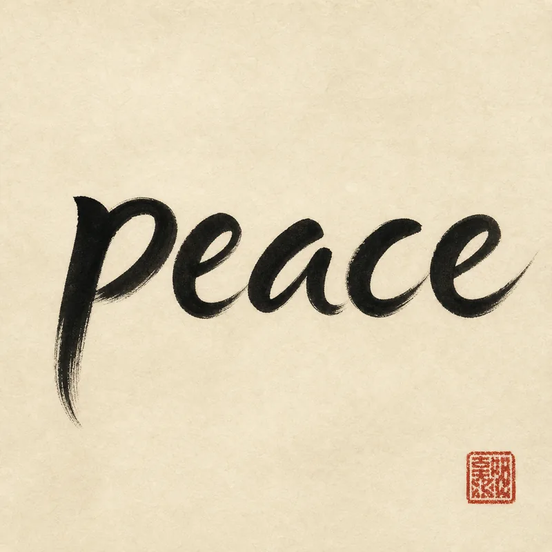Peace (和) — the English word in black ink