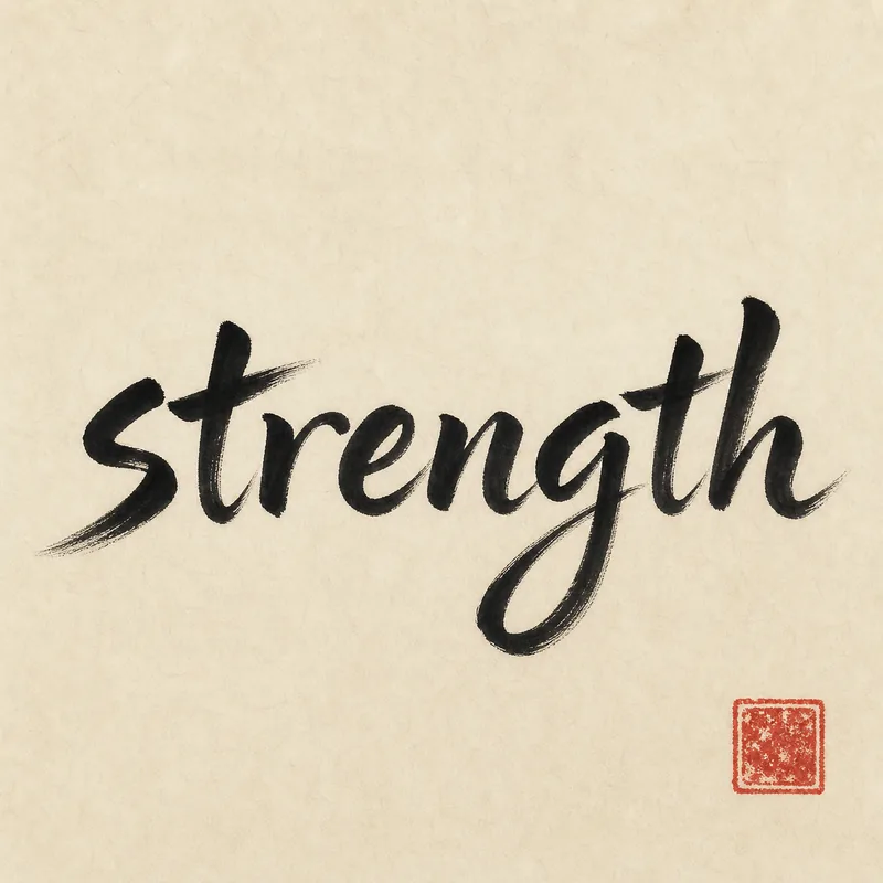 Strength (力) — the English word in black ink