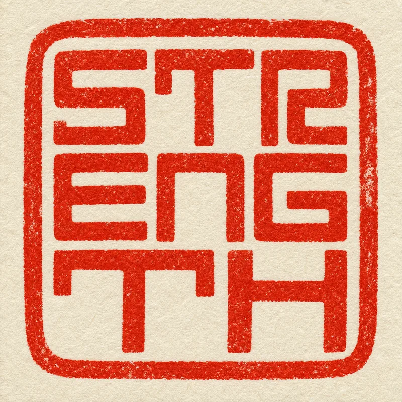 Strength (力) — the English word as a cinnabar seal