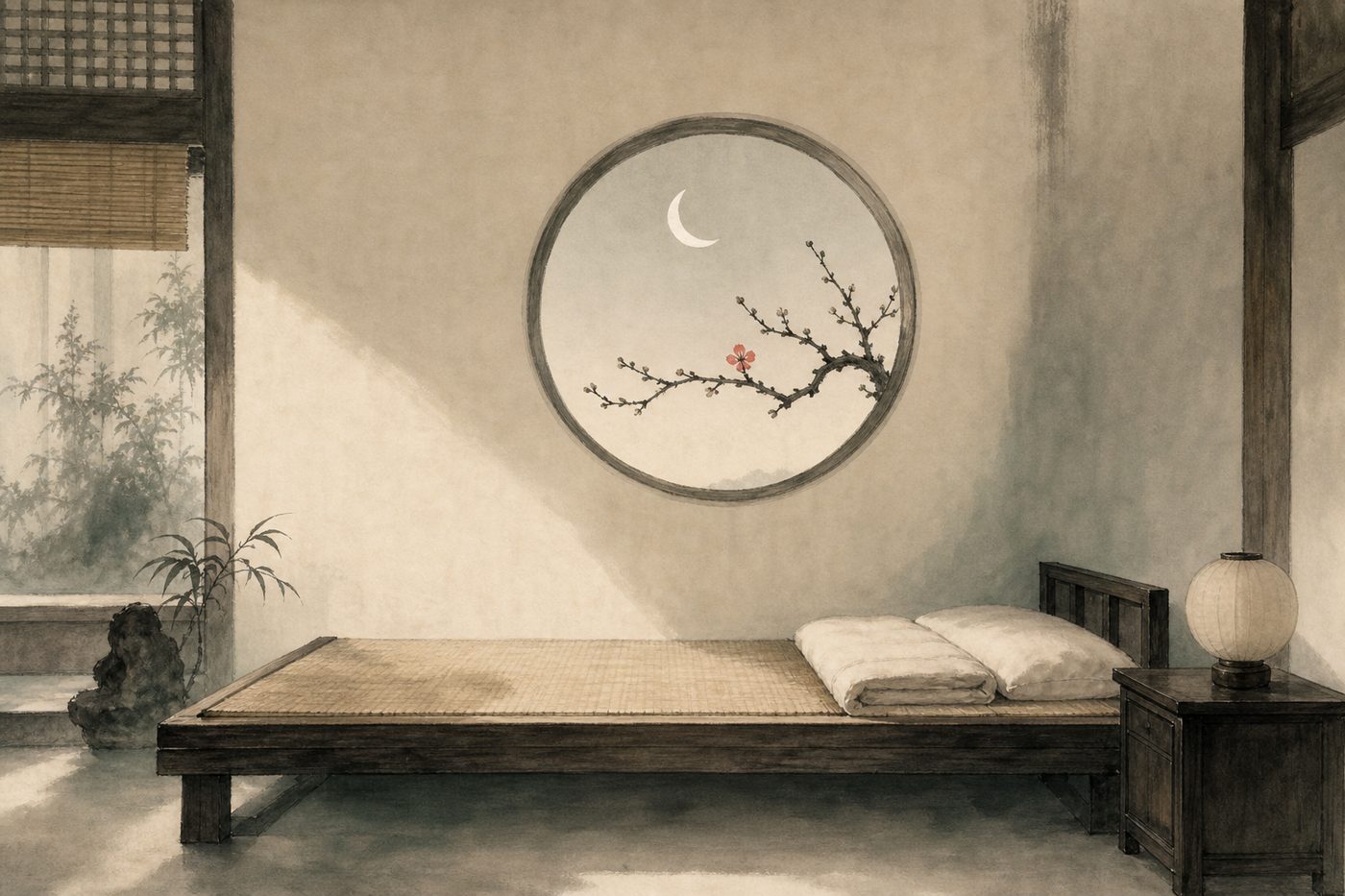 Ink-wash painting of a low wooden bed against a solid wall beneath a round moon window, with a plum branch and crescent moon outside.