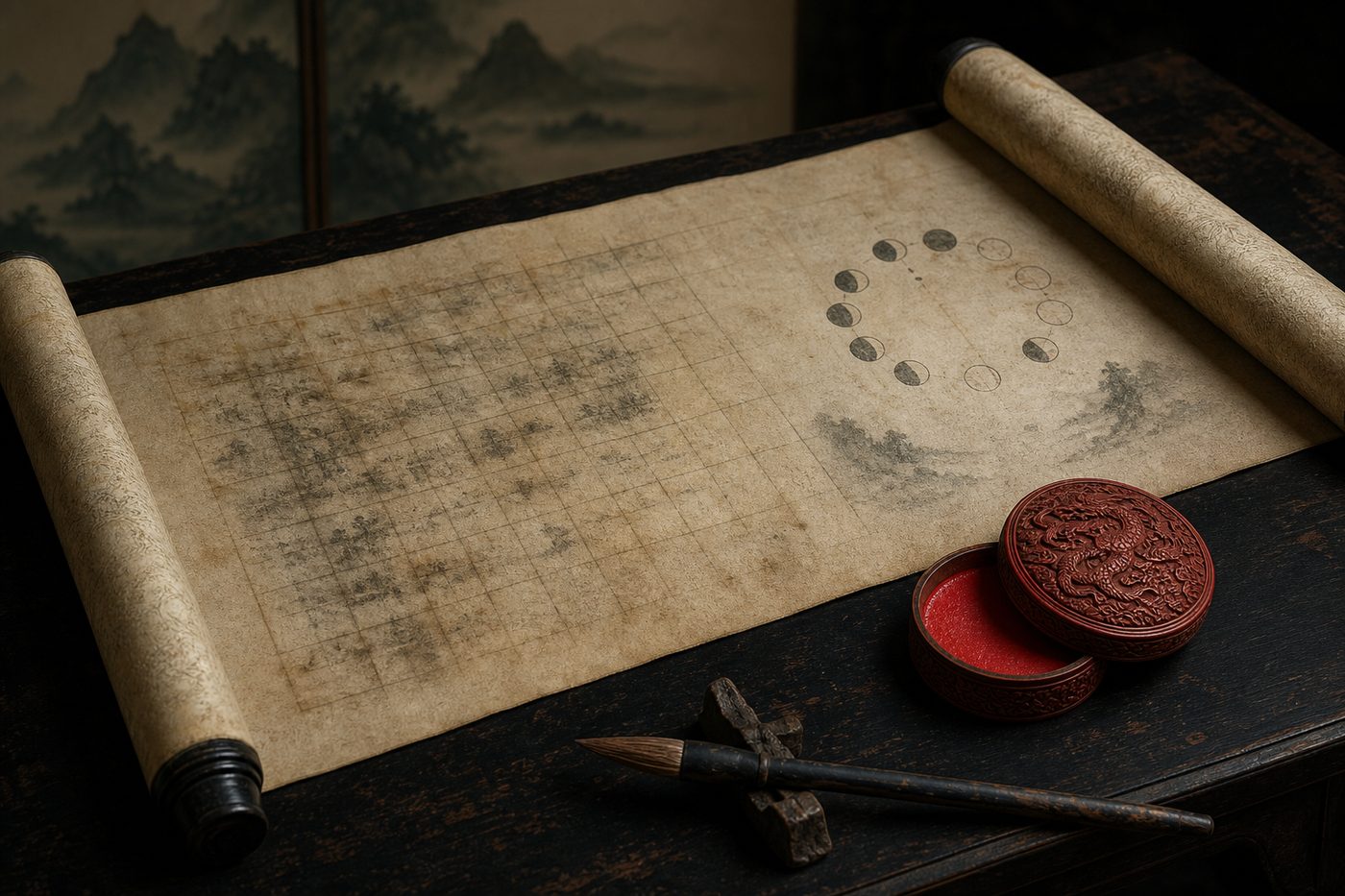 An old scroll showing a faded grid chart and a ring of lunar phases, beside a brush and a cinnabar paste box.