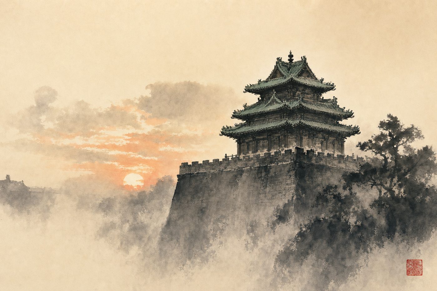 A misty sumi-e ink painting of a Forbidden City watchtower at dusk.