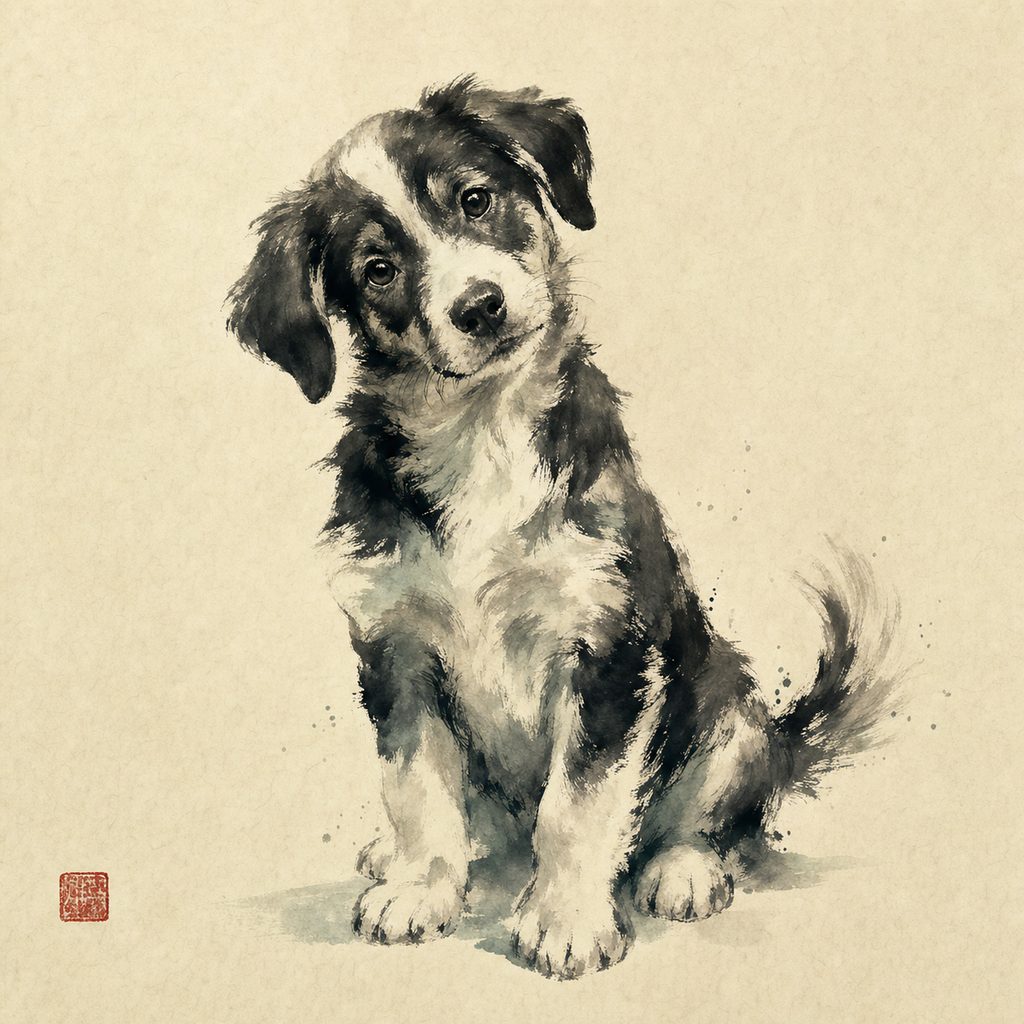 Ink-wash painting of the Dog, the 狗 sign of the Chinese zodiac.