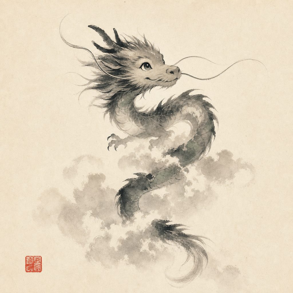 Ink-wash painting of the Dragon, the 龙 sign of the Chinese zodiac.