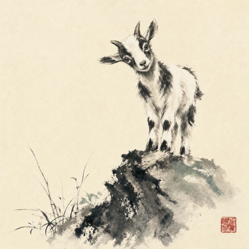 Ink-wash painting of the Goat, the 羊 sign of the Chinese zodiac.