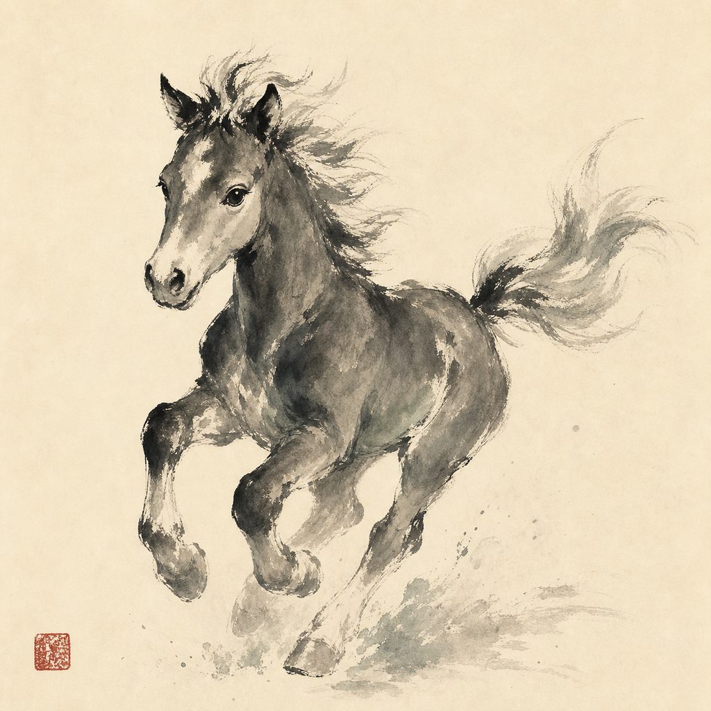 Ink-wash painting of the Horse, the 马 sign of the Chinese zodiac.