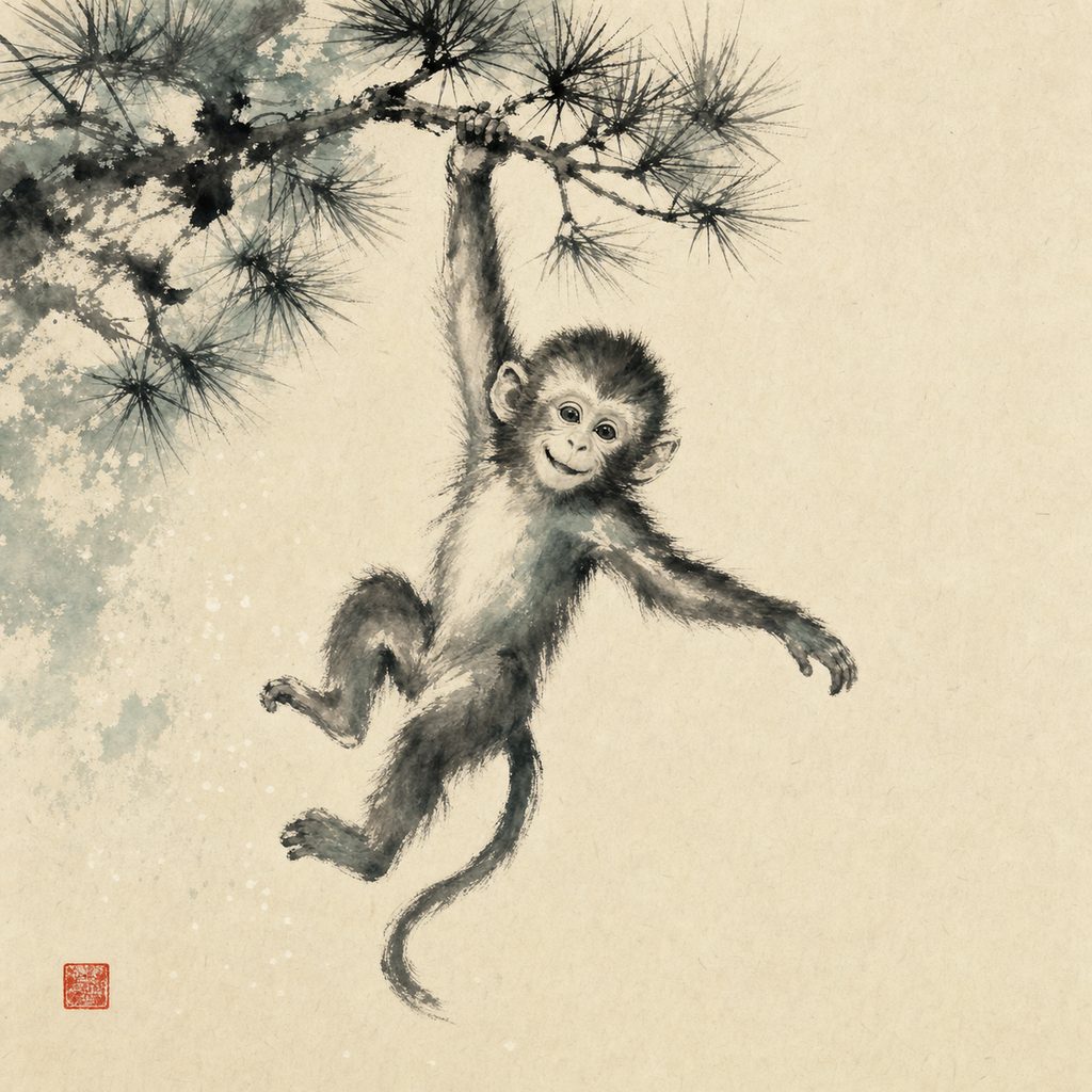 Ink-wash painting of the Monkey, the 猴 sign of the Chinese zodiac.