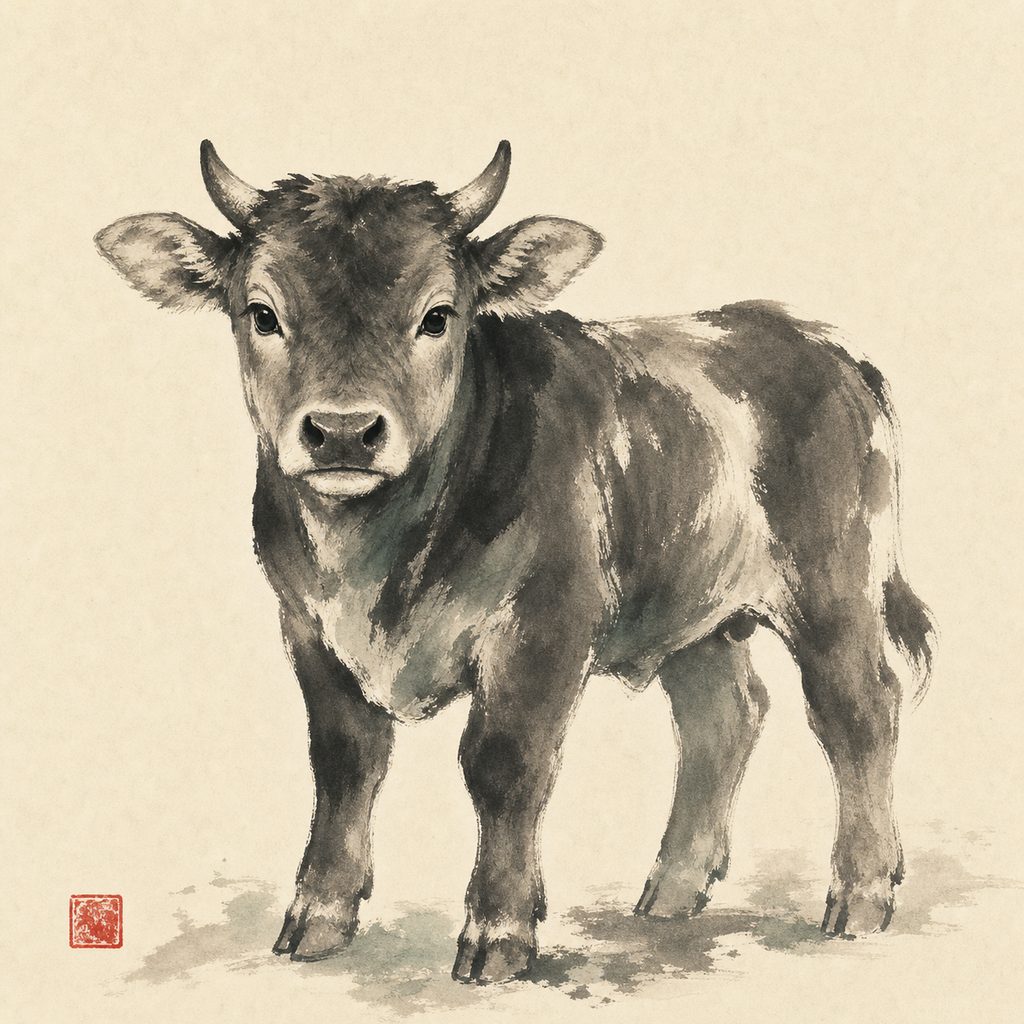 Ink-wash painting of the Ox, the 牛 sign of the Chinese zodiac.