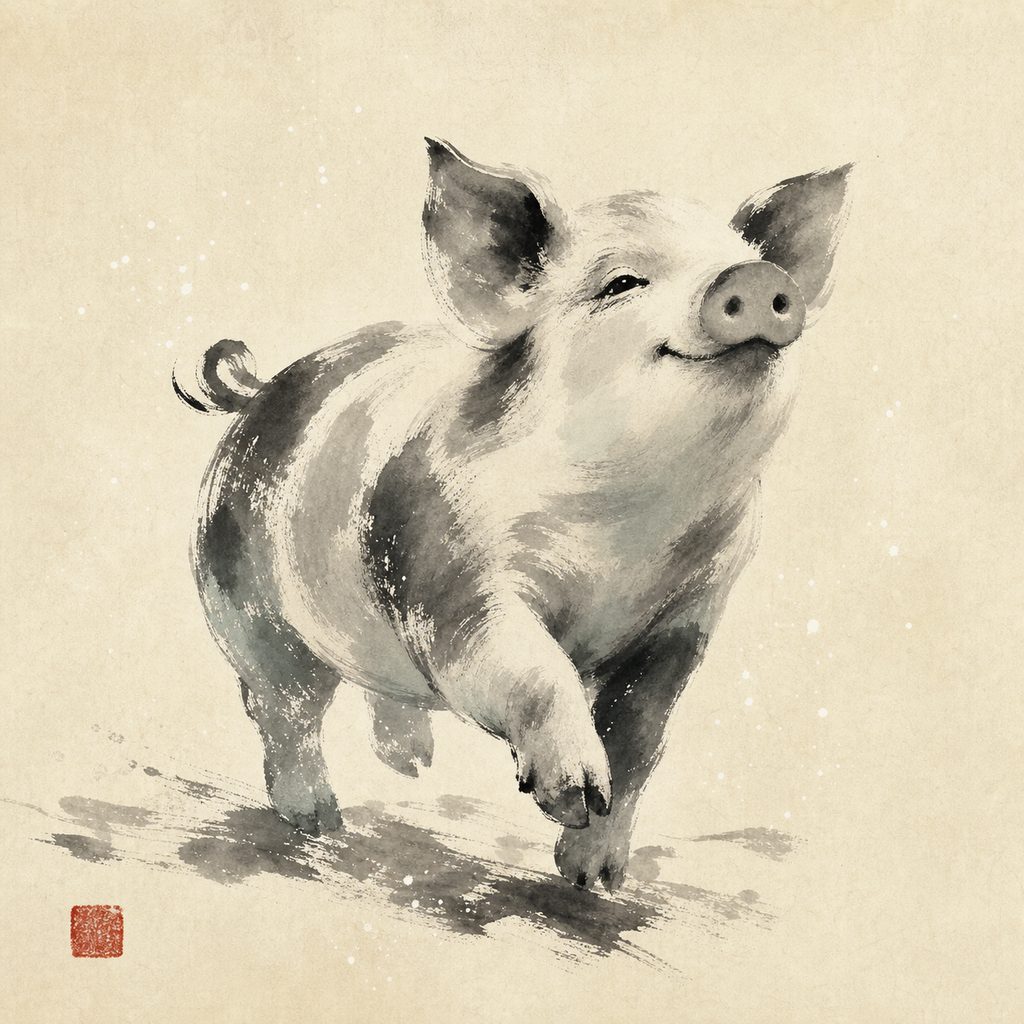 Ink-wash painting of the Pig, the 猪 sign of the Chinese zodiac.