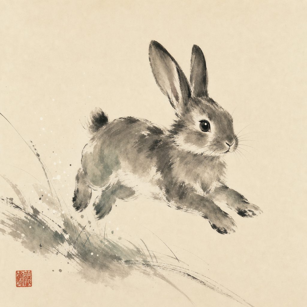 Ink-wash painting of the Rabbit, the 兔 sign of the Chinese zodiac.