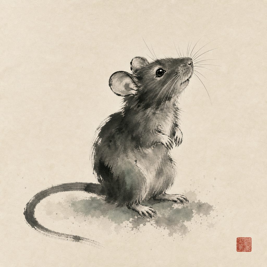 Ink-wash painting of the Rat, the 鼠 sign of the Chinese zodiac.