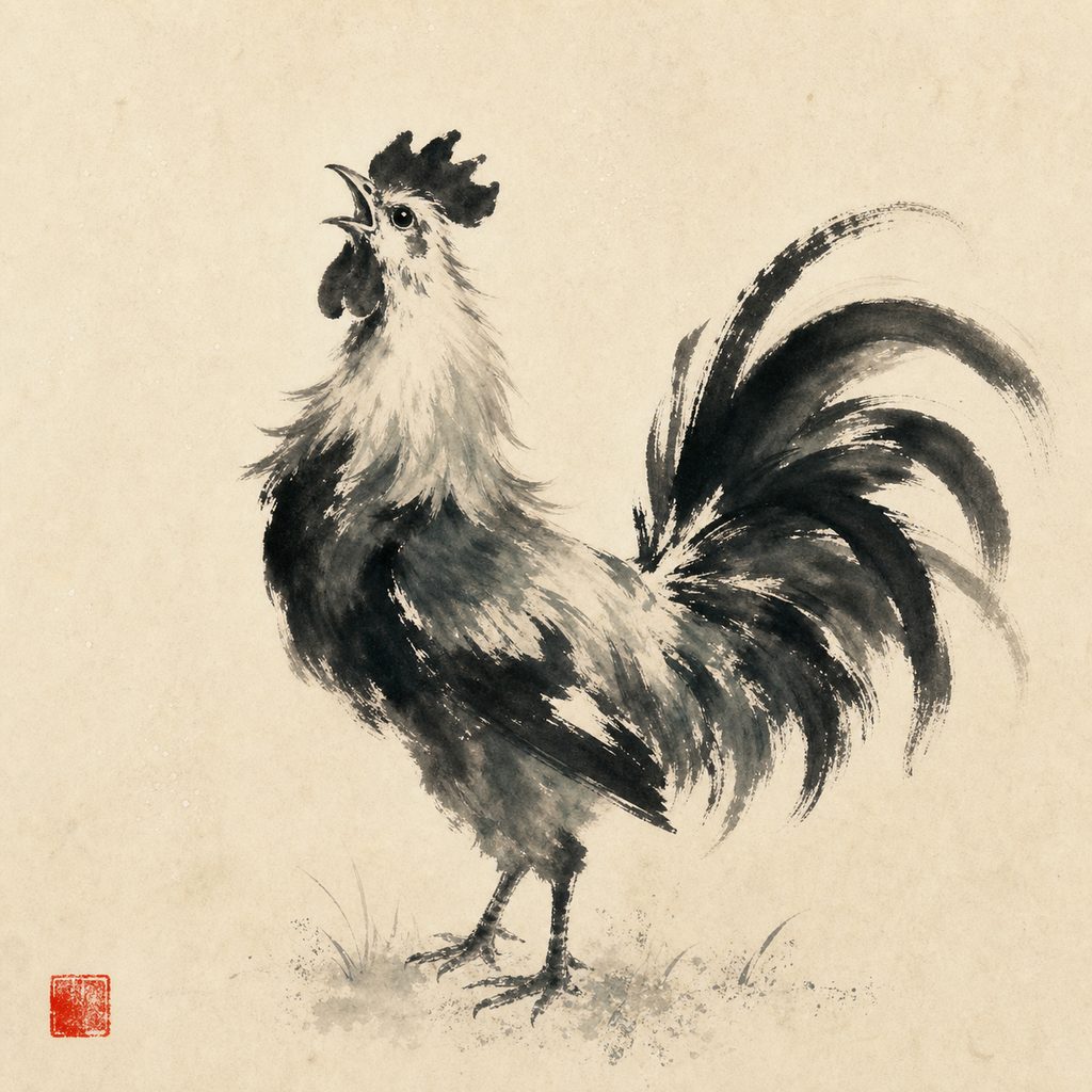 Ink-wash painting of the Rooster, the 鸡 sign of the Chinese zodiac.