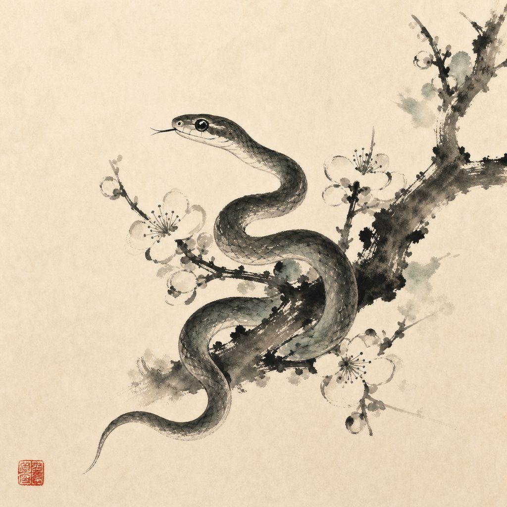 Ink-wash painting of the Snake, the 蛇 sign of the Chinese zodiac.
