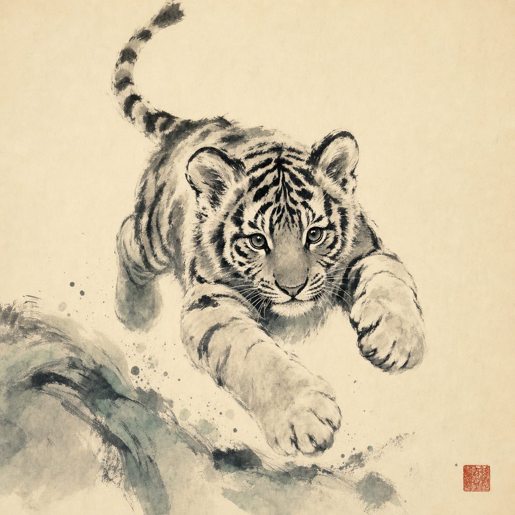 Ink-wash painting of the Tiger, the 虎 sign of the Chinese zodiac.