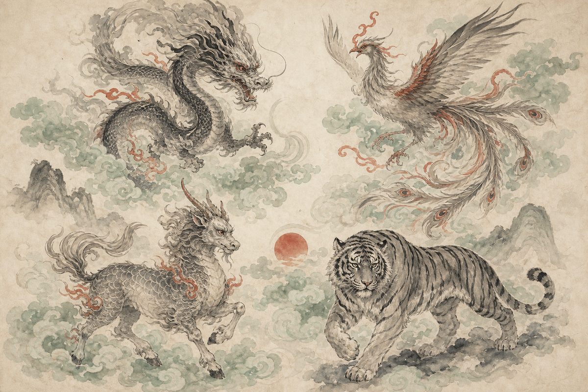 An ink-wash tableau of Chinese mythical creatures among clouds: a dragon, a phoenix, a qilin, and a tiger, in the sumi-e style.