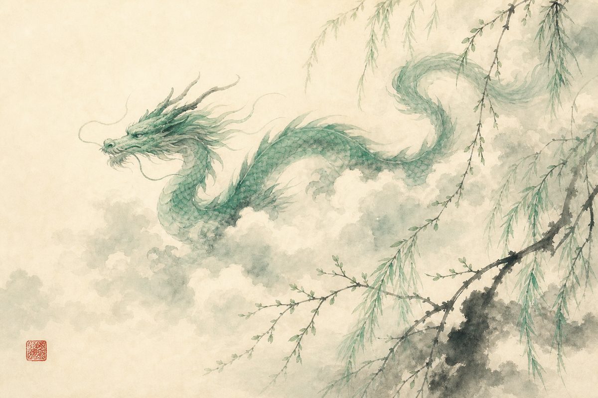 The Azure Dragon of the East gliding among spring clouds and willow, in jade-green sumi-e ink wash.