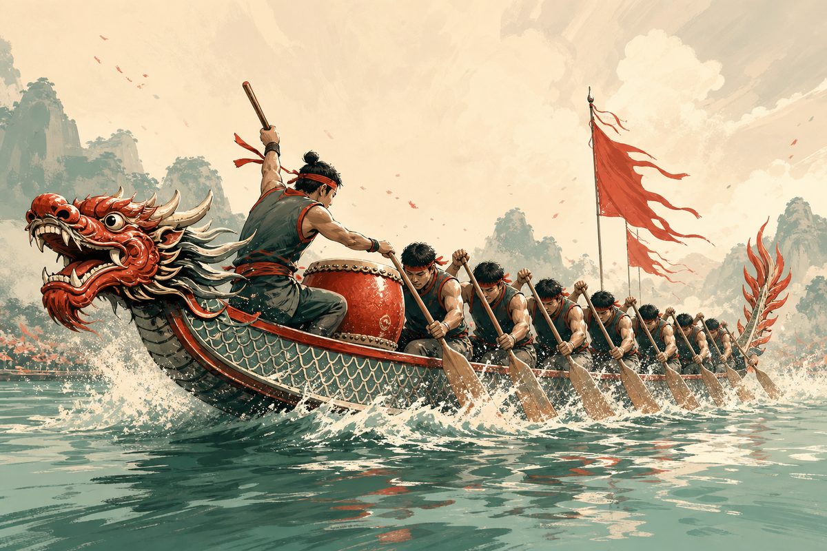 A dragon boat with a carved dragon head cutting through water, paddlers mid-stroke and a drummer at the prow, in a dynamic modern illustration.