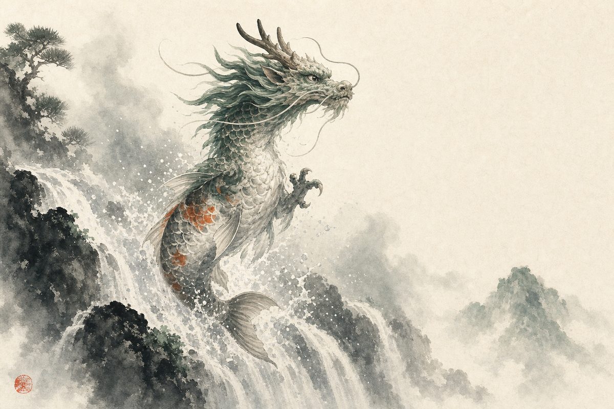 A koi carp leaping a waterfall and transforming into a dragon, in sumi-e ink wash.