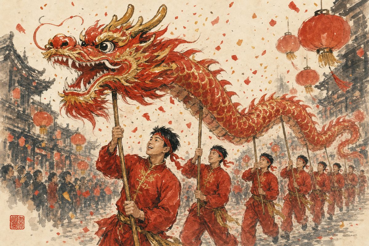 A red-and-gold dragon puppet carried by dancers in a Chinese New Year dragon dance, in an ink-and-color illustration.