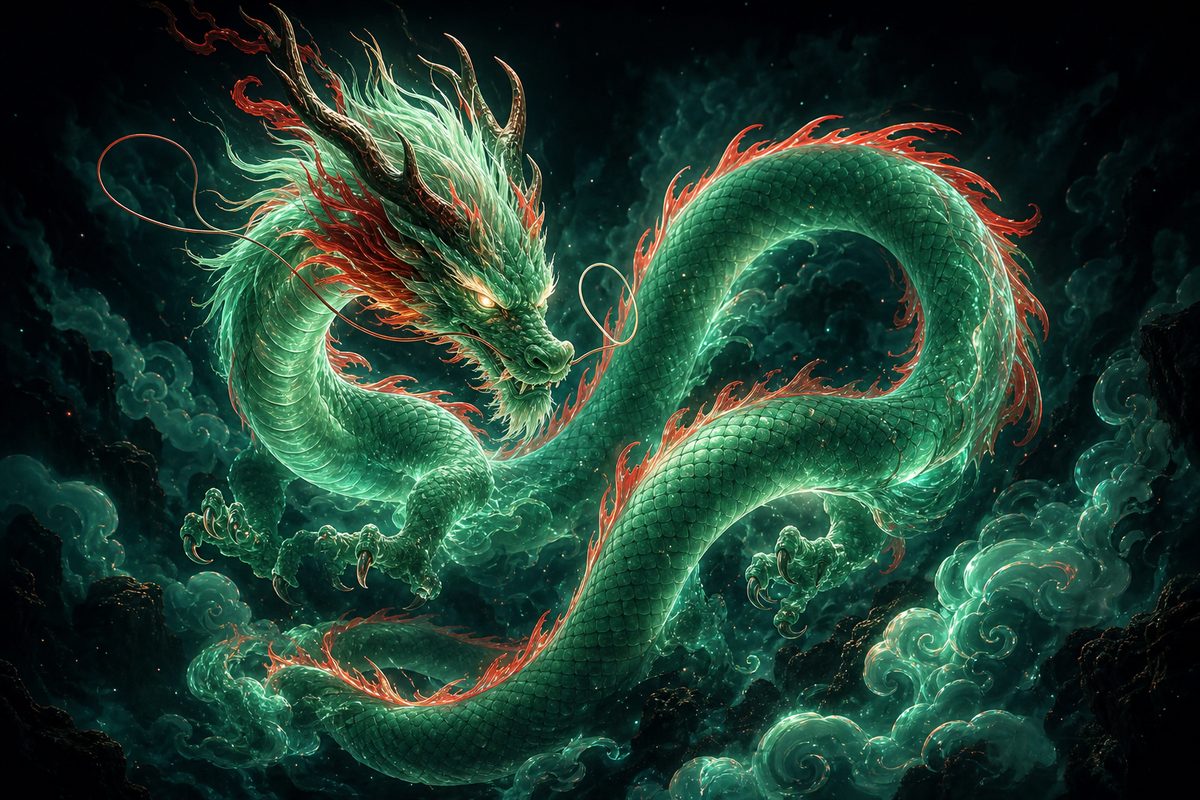 A luminous serpentine loong coiling through neon clouds in a contemporary video-game style, jade-green and cinnabar on a dark ground.