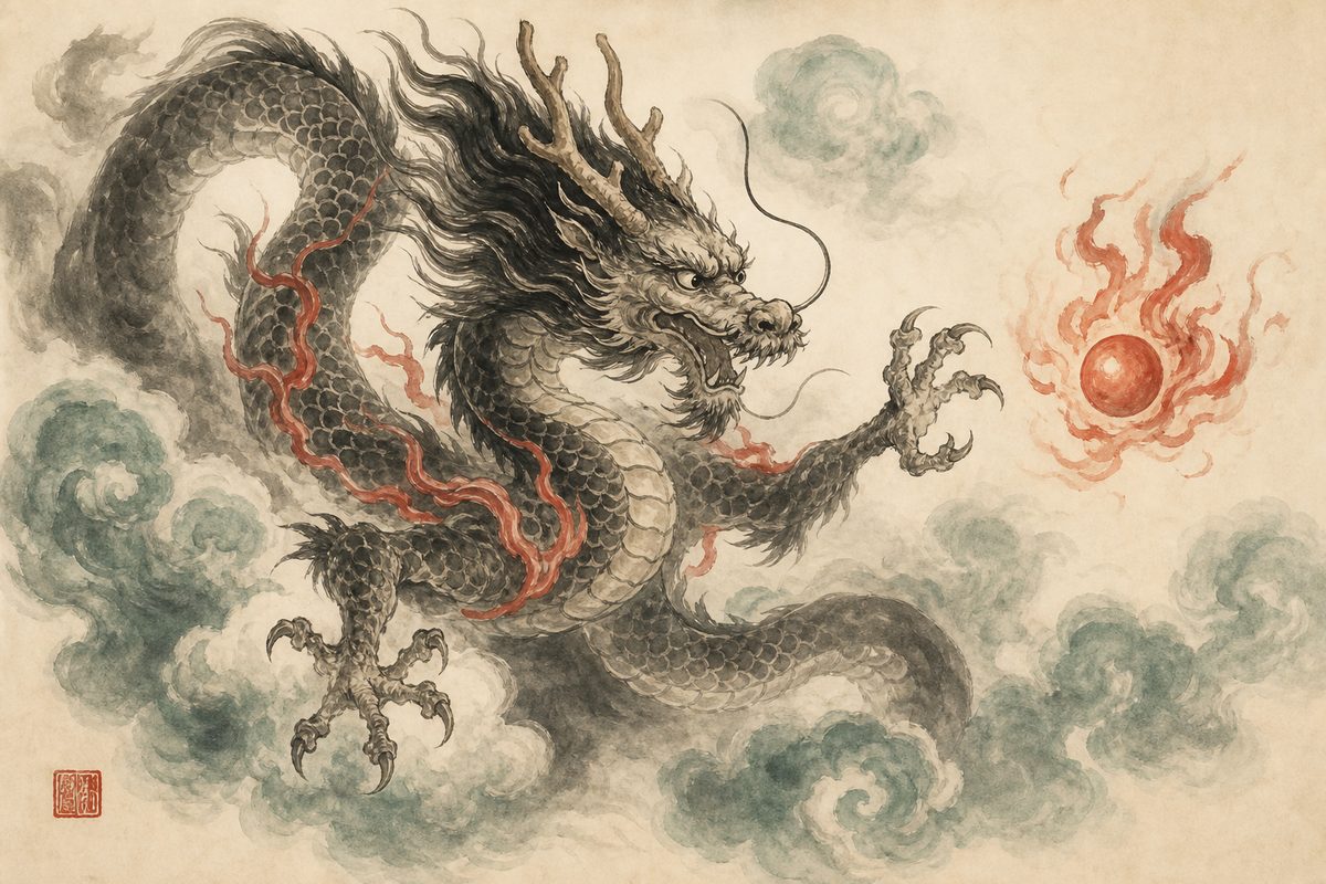 A five-clawed imperial Chinese dragon chasing a flaming pearl among clouds, in sumi-e ink wash.