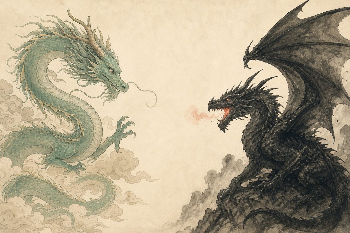 Two dragons face to face on warm paper: a green whiskered Chinese loong opposite a dark winged Western dragon, in a modern ink-and-color illustration.
