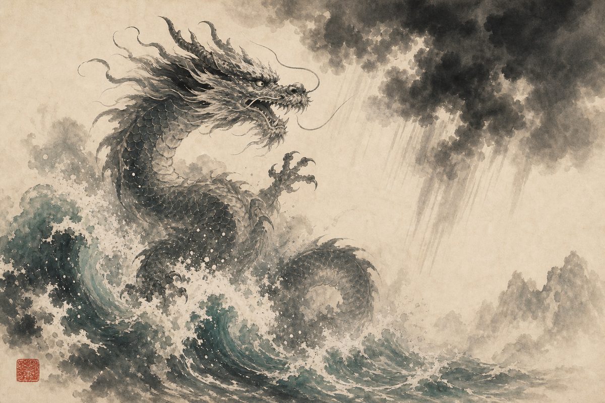 A Chinese dragon rising from stormy ocean waves to summon rain, in sumi-e ink wash — a Dragon King of the sea.