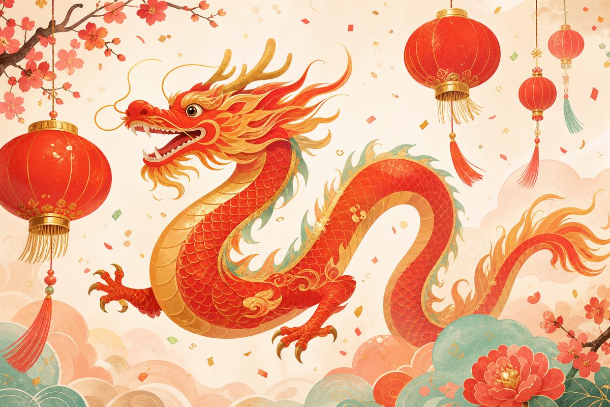 A red-and-gold dragon amid festival lanterns and confetti for a Year of the Dragon celebration, in a bright modern illustration.