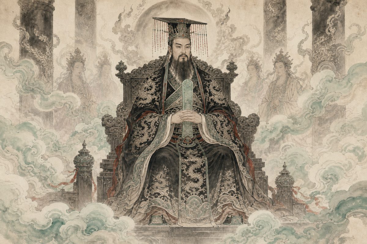 An ink-wash painting of the Jade Emperor enthroned in the celestial court, robed and crowned among clouds, in the sumi-e style.