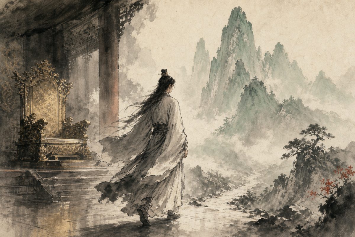 A prince in plain robes turning away from a golden throne toward a misty mountain path, in quiet sumi-e ink wash.