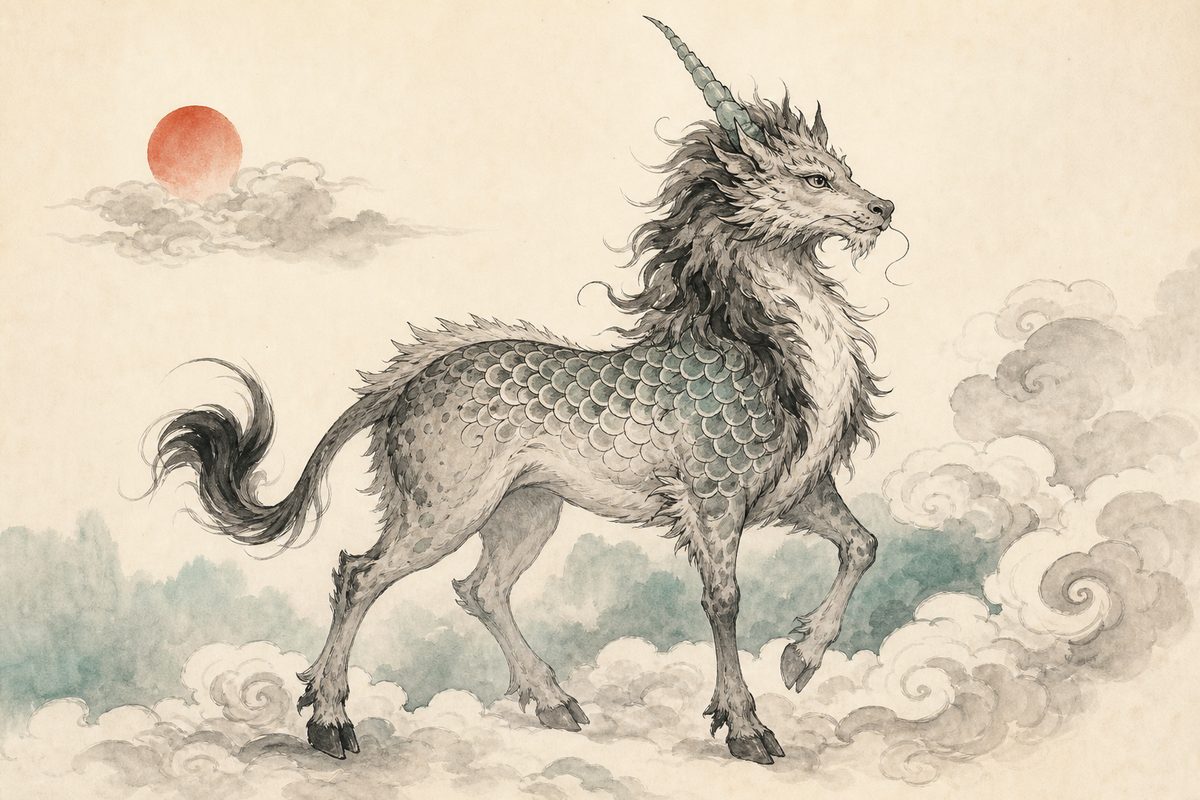 An ink-wash qilin showing its composite form — deer body, ox tail, dragon scales, a single horn — among stylized clouds.