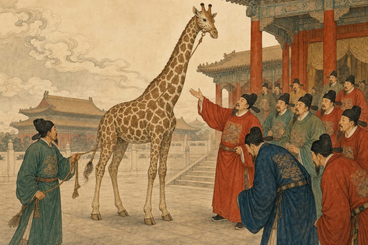 A tall giraffe led on a rope before Ming-dynasty court officials who marvel at it as a qilin, in warm ink and color.