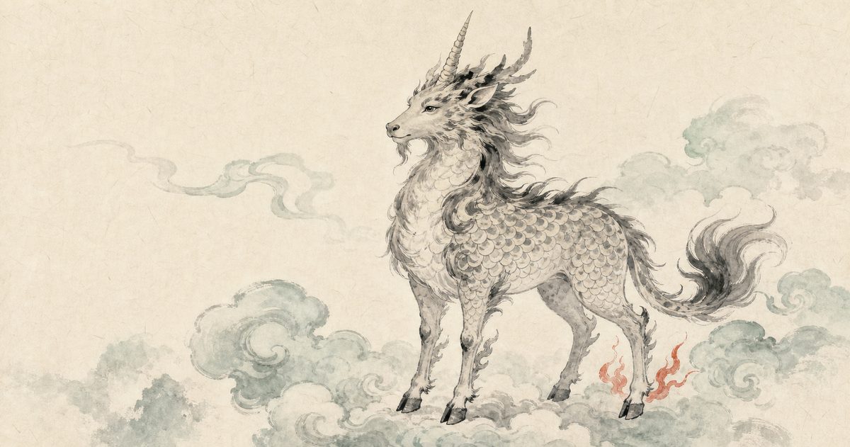 An ink-wash painting of a qilin, the scaled and hoofed Chinese unicorn, among auspicious clouds, in the sumi-e style.
