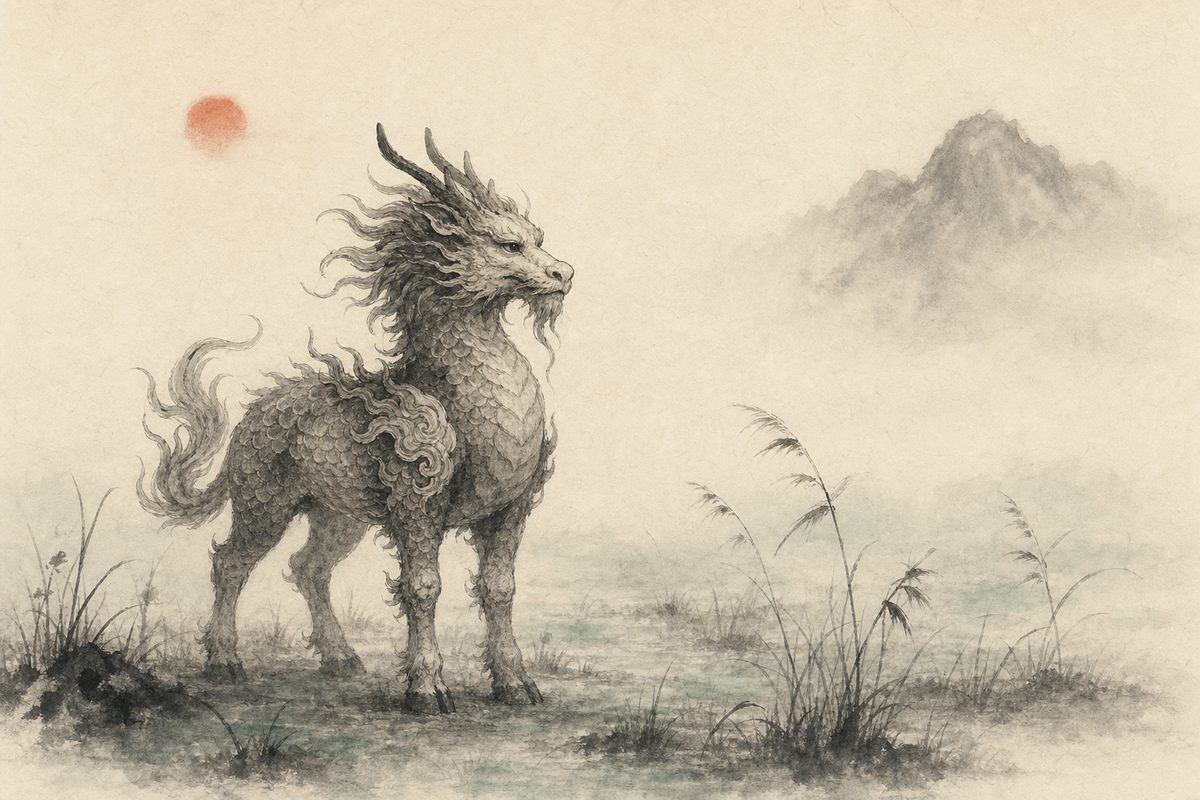 An ink-wash qilin standing alone in a misty field, solemn and still, in the sumi-e style.