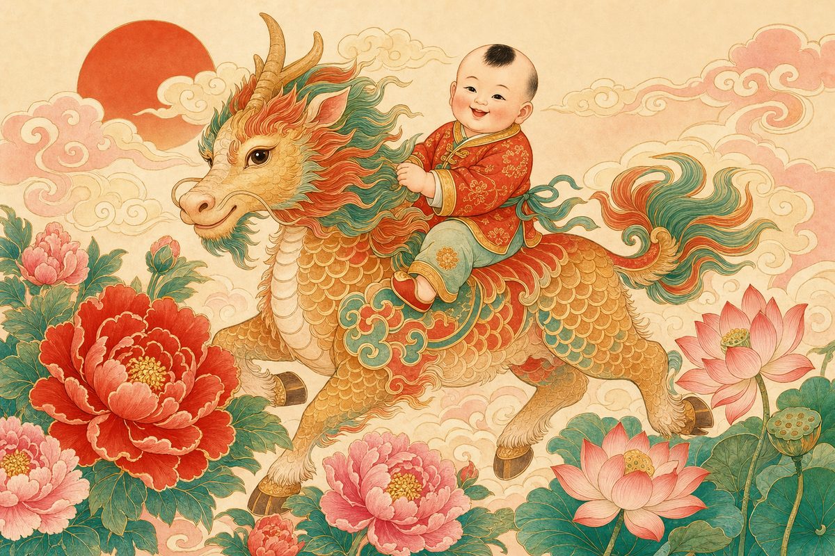 A qilin carrying a small child on its back amid clouds and peonies, in the warm style of a folk New Year print.