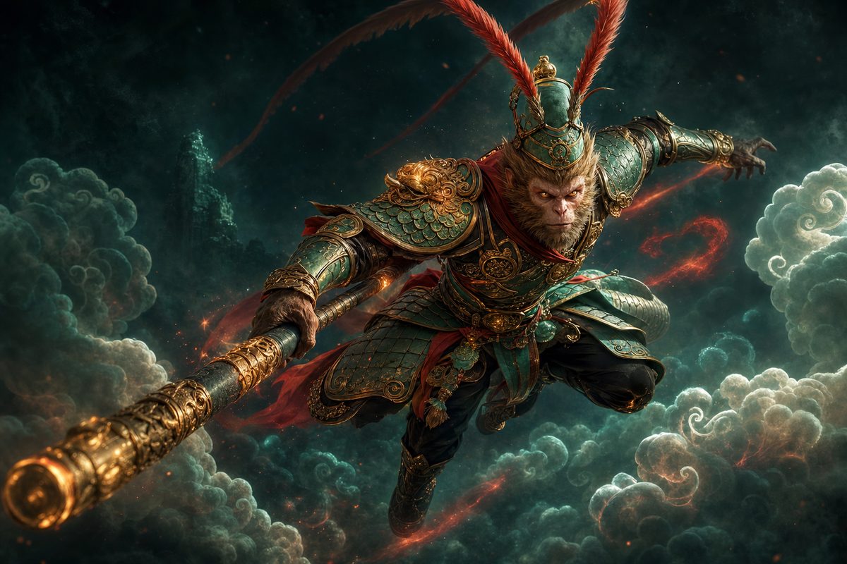 A luminous armored Monkey King mid-leap through glowing clouds with his gold staff, in a contemporary video-game style, jade-green and cinnabar on a dark ground.