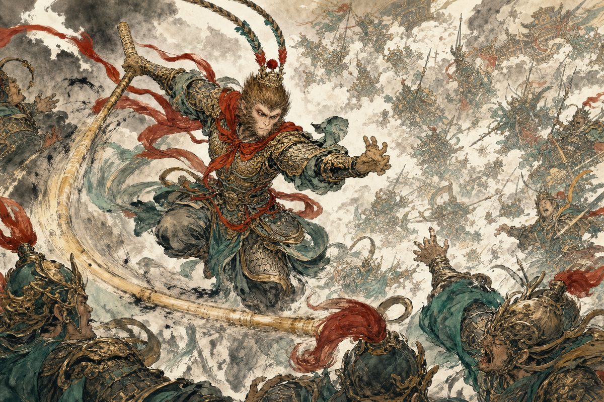 The Monkey King battling the massed armies of Heaven among storm clouds, dynamic and dramatic, in bold ink and color.