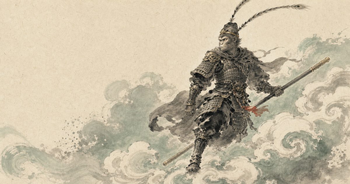 An ink-wash painting of the Monkey King, armored and holding his gold-banded staff, in the sumi-e style.