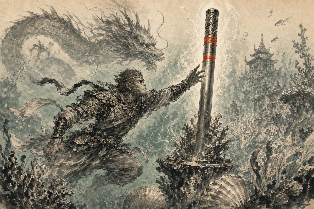 The Monkey King seizing a glowing iron pillar in the Dragon King's undersea palace of coral, in sumi-e ink wash.