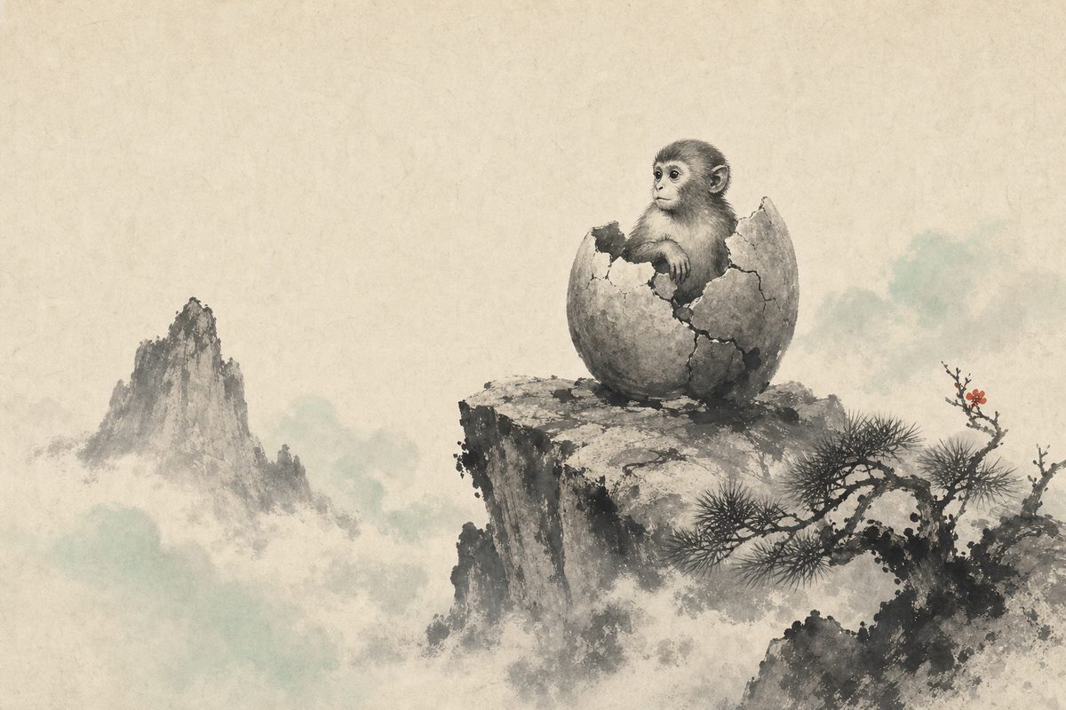 A small stone monkey emerging amid mist on Flower-Fruit Mountain, in restrained sumi-e ink wash.
