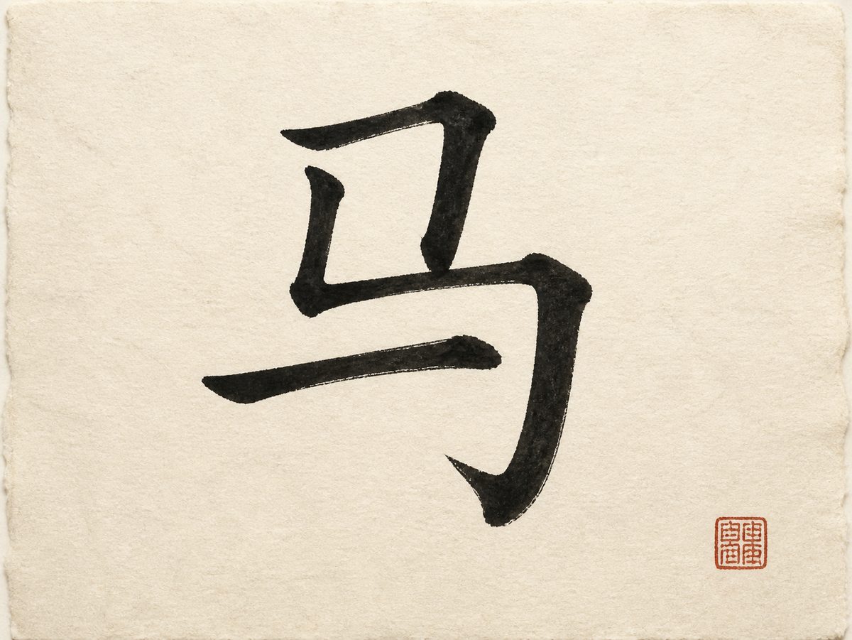 The Chinese character 马, the surname Ma, written in bold brush calligraphy on warm rice paper with a small red seal