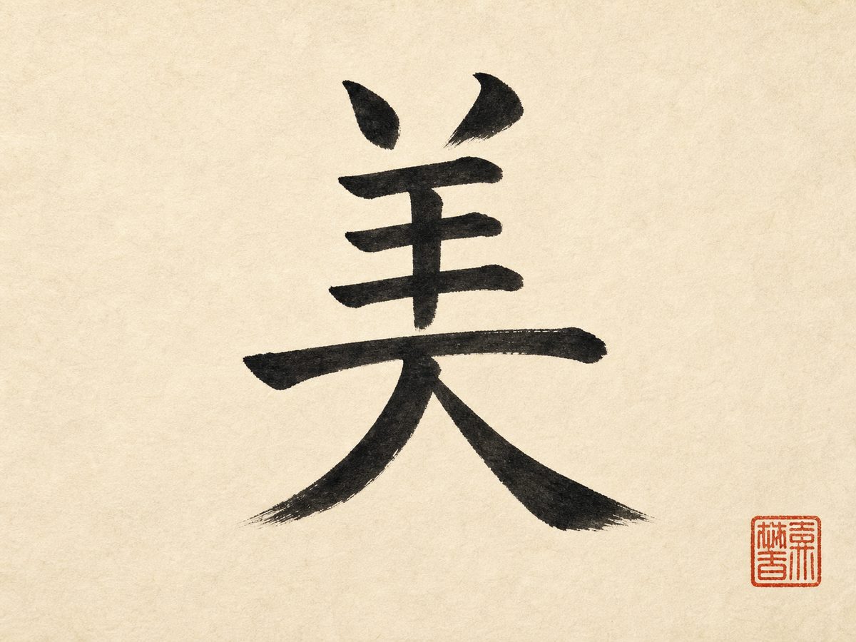 The character 美 (měi, beautiful) in elegant black brush calligraphy with a red seal on rice paper.