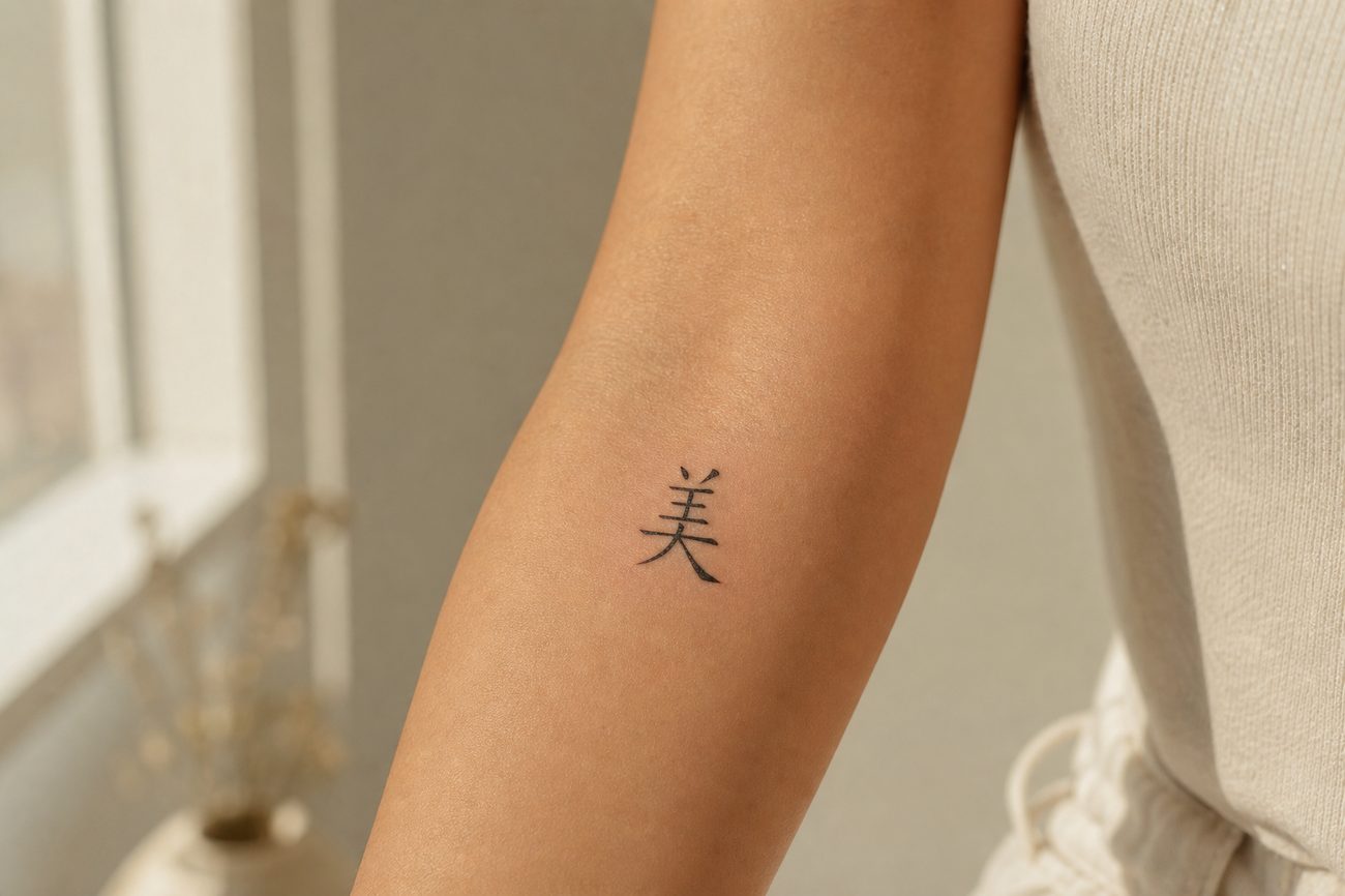 The character 美 (měi, beautiful) tattooed in fine black brush script on an inner forearm.
