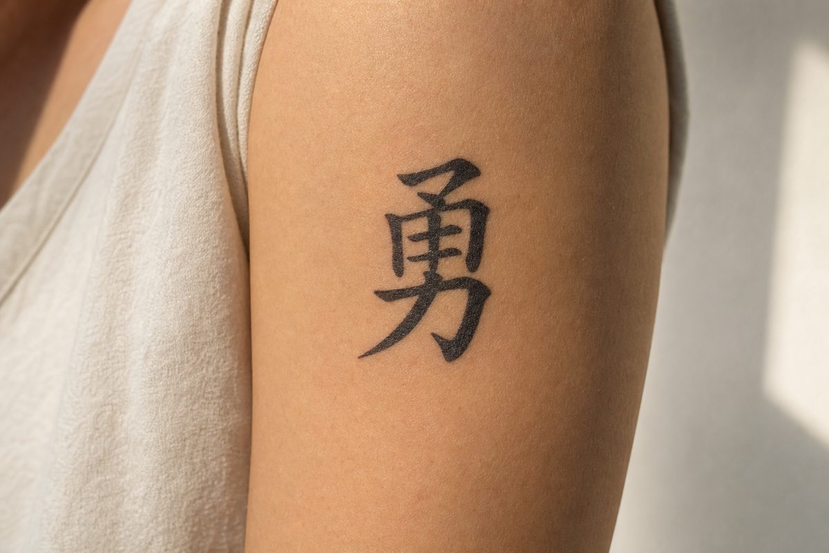 The character 勇 (courage, bravery) as a fine brush-style tattoo on an upper arm.