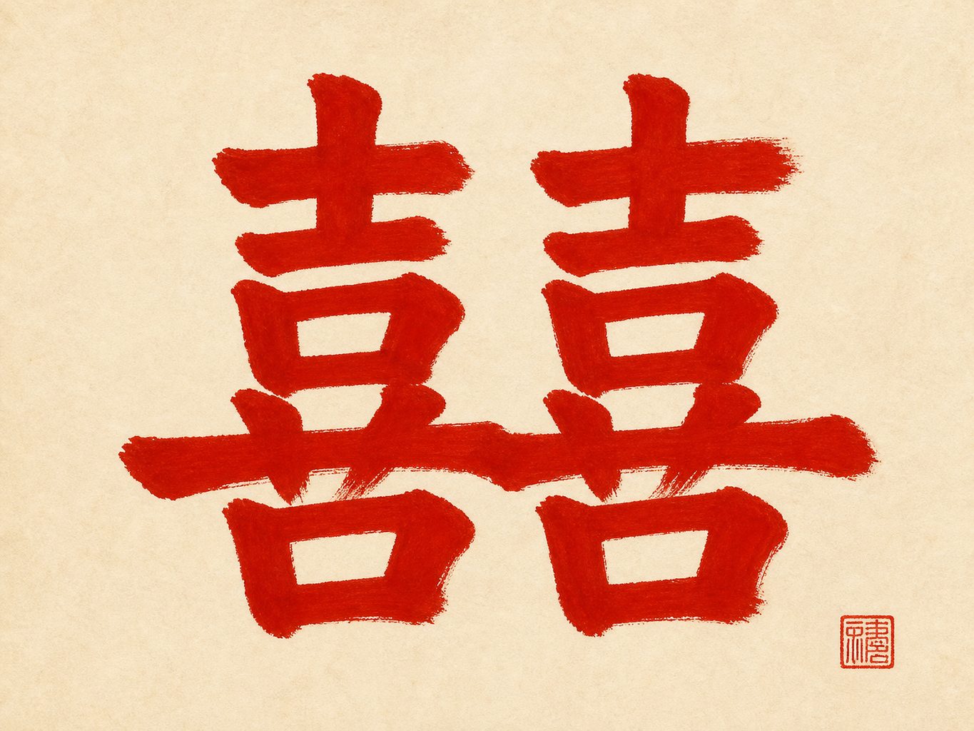 The double happiness symbol 囍, two joined 喜 characters, in cinnabar-red brush calligraphy on rice paper.