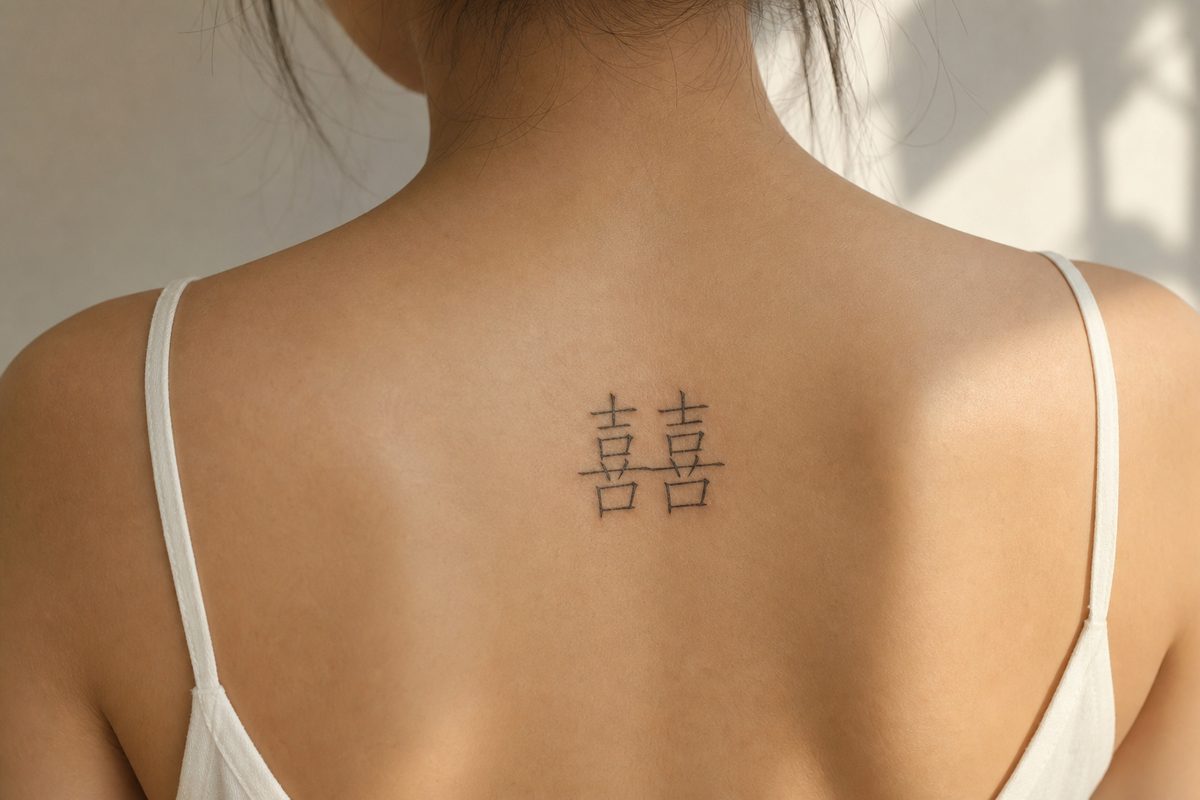 The double happiness symbol 囍 as a fine-line tattoo on an upper back.